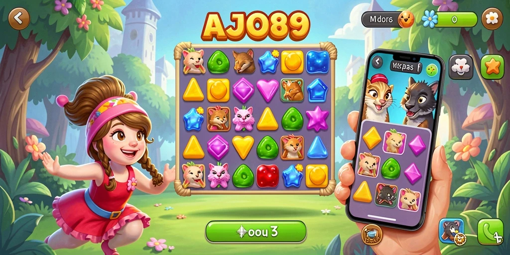 Tangkapan layar AJO89 menampilkan gameplay seru di level Match-3.