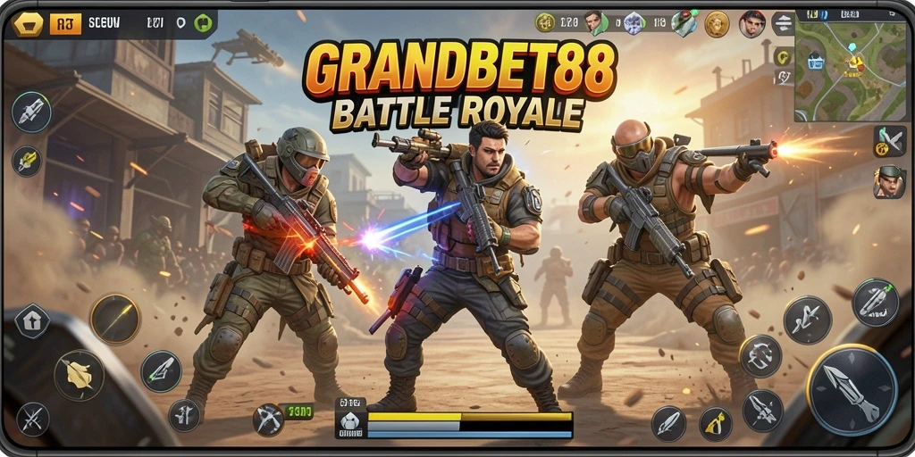 Tangkapan layar gameplay <strong>GRANDBET88</strong> menampilkan aksi seru pertarungan Battle Royale.