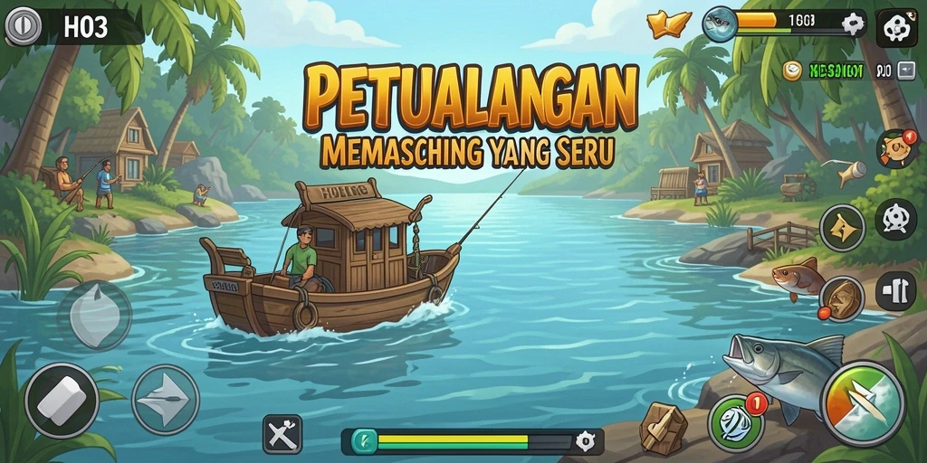 Screenshot gameplay H03 menampilkan aksi memancing seru di danau.